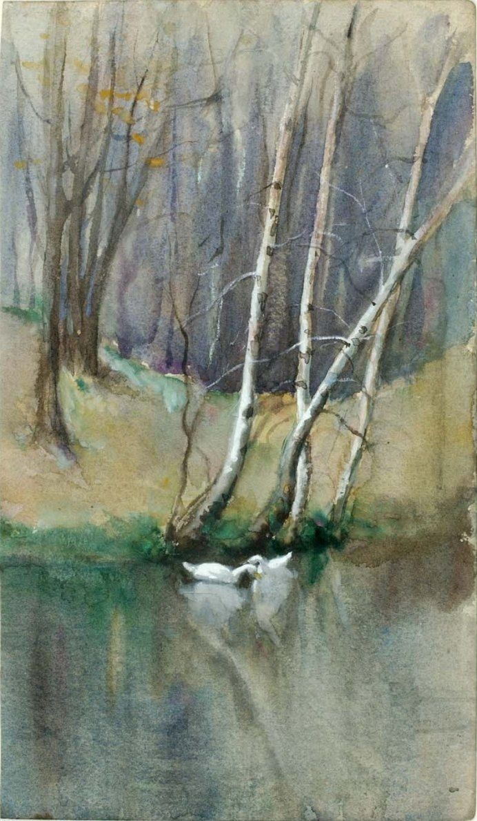 Edward Mitchell Bannister Wood Scene with Birch Trees and Ducks